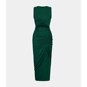 Halara Round Neck Twisted Cut Out Ruched Drawstring Split Hem Bodycon Midi Dress